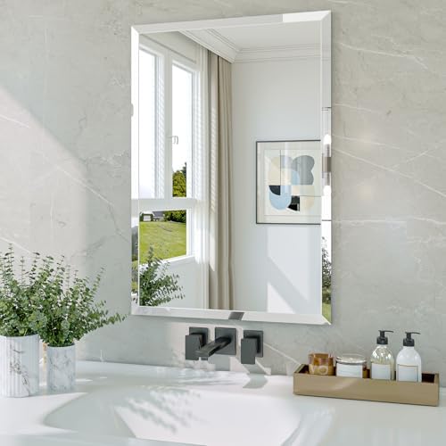 Frameless Bathroom Mirror, 18" x 26" Beveled Wall Mirror