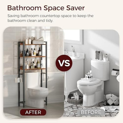 MAHANCRIS Over The Toilet Storage Rack, 3 Tier Bathroom Organizer Over Toilet, Freestanding Space Saver Toilet Stand with 2 Hooks, Bathroom Storage Shelf, Easy to Assemble, Rustic Brown TSHR6001