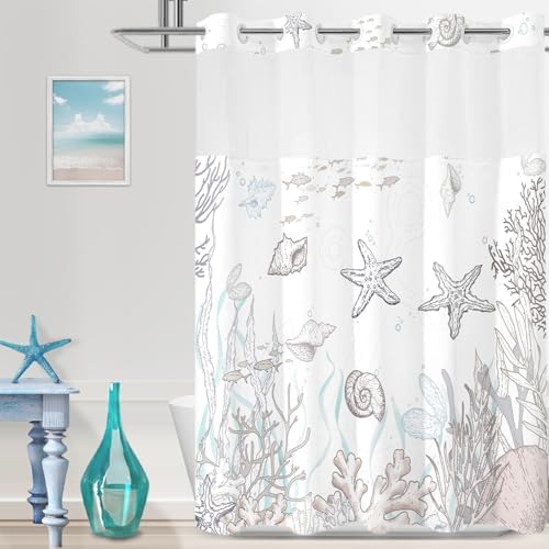 No Hook Shower Curtain and Liner Set, Brown Beach Coastal 71x74