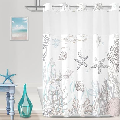 No Hook Shower Curtain and Liner Set, Brown Beach Coastal 71x74