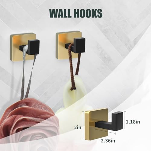 5 Piece Black and Gold Towel Bar Set - Gold and Black Bathroom Accessories with 2 Towel Hook, Stainless Steel Wall Mounted Bathroom Towel Rack Set - Square 16-Inch
