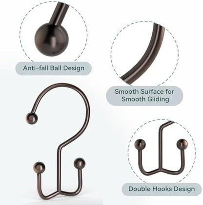 24 Pcs Shower Curtain Hooks, Goowin Shower Curtain Rings, Durable Rust Proof Black Shower Curtain Hooks, Shower Rings for Curtain, Double Glide Shower Hooks for Shower Curtain Rods, Bronze