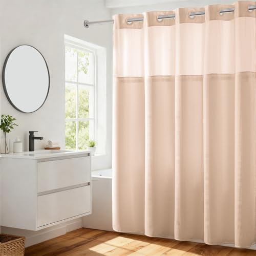 River Dream Heavyweight Waffle No Hook Shower Curtain with Liner,Pink,71x74
