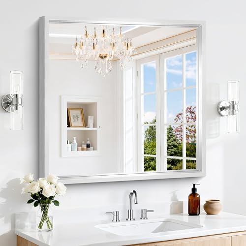 30x30 Silver Bathroom Mirror, Brushed Silver Rectangular Mirror for Wall, 0.6" Thickened Deep Frame Mirrors for Bathroom Sink, Shatterproof Tempered Glass, Antirust, Horizontally or Vertically