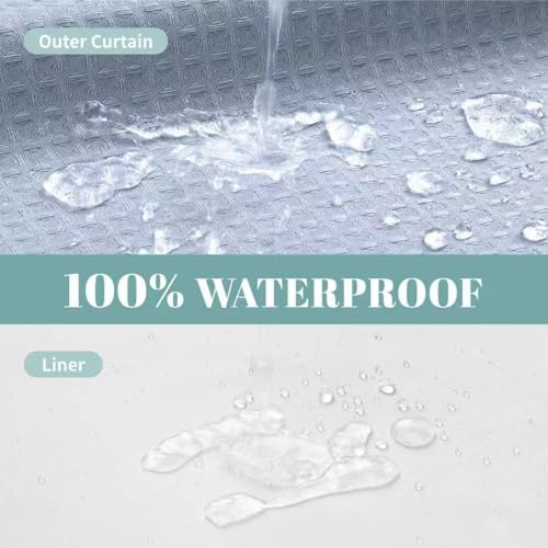 No Hook Waffle Shower Curtain with Snap-in Liner, 60x74 Inch, Frost Blue