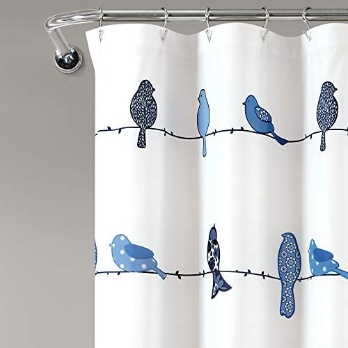 Lush Decor Rowley Birds Shower Curtain, 72” W x 72” L, Navy - Colorful Floral Bird Pattern - Whimsical & Playful Bird Shower Curtain - Farmhouse, Coastal, & Boho Bathroom Decor