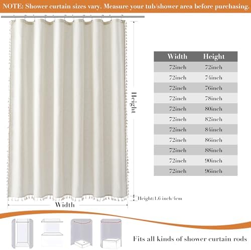 Nanspring Extra Long Cream Boho Linen Shower Curtain 84 Inches Vintage Country Cute Tassel Shower Curtains Set with Hooks for Bathroom Modern Farmhouse Cloth Shower Curtain Waterproof 72x84, Natural