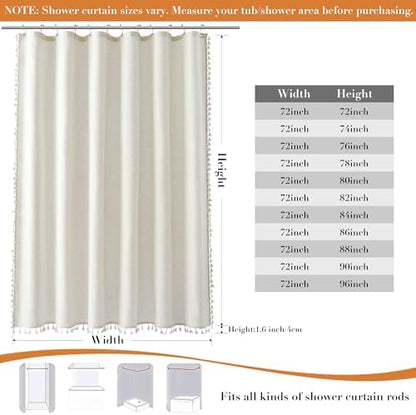 Nanspring Extra Long Cream Boho Linen Shower Curtain 88 Inches Long Weighted Tassel Fabric Shower Curtain Set with Hooks Vintage Aesthetic Bath Curtain for Bathroom Hotel Style 72x88, Natural