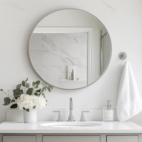 Oruii Round Mirror, 24 inch Silver Circle Mirror,Bruhsed Nickel Metal Frame