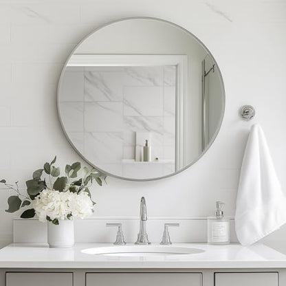 Oruii Round Mirror, 24 inch Silver Circle Mirror,Bruhsed Nickel Metal Frame