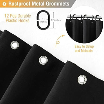 BTTN Black Linen Textured Waterproof Thick Fabric Shower Curtain Set, 72x72