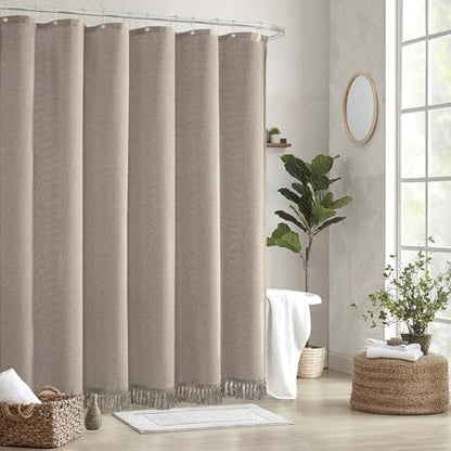 Linen Shower Curtain Boho Taupe Shower Curtain with Tassels 60"L x 72"L