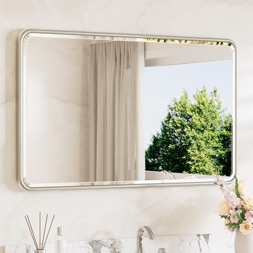 TETOTE Brushed Nickel Vanity Mirror for Bathroom 40 x 24 Beveled Edge Tempered Glass, Rounded Corner Rectangle Wall Mirror for Modern Bathroom, Living Room, Bedroom, Entryway