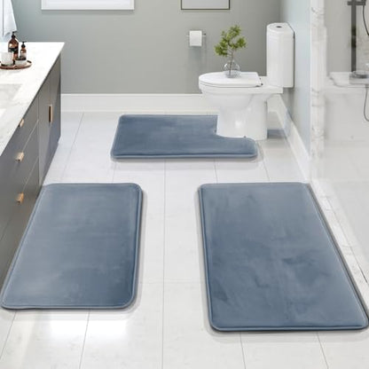 Clara Clark 3 Piece Bathroom Rugs, Velvet Memory Foam Bath Mat Set, Non-Slip Bath Rugs, Machine Wash, Dries Quickly, Ultra Soft Plush Bath Mats for Bathroom, 17 x 24/20 x 32 / Contour, Stone Blue