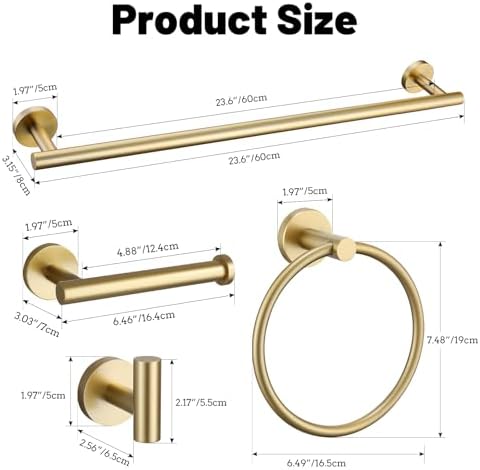 5 Pieces Brushed Gold Bathroom Hardware Accessories Set SUS304 Stainless Steel Gold Towel Bar Holder Set, 23.6Inch Towel Racks for Bathroom, Robe Towel Hooks, Toilet Paper Holder Wall Mounted