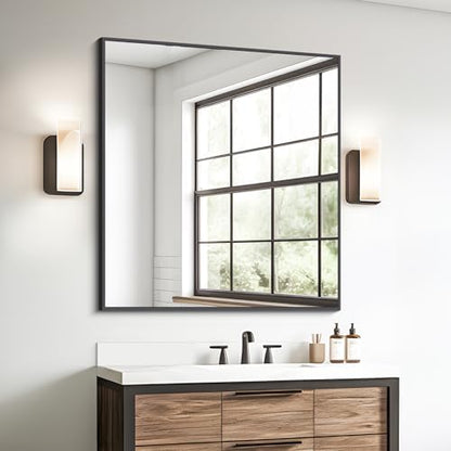 BONEWEI Bathroom Mirror,36x40 inch Wall Mirror for Bathroom Wall Mounted Black Rectangle Square Corner Mirrors, Black Bathroom Mirror for Living Room, Farmhouse, Bedroom Entryway, Horizontal/Vertical