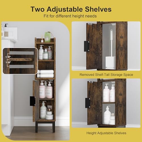 FerniTry Small Bathroom Storage Cabinet, Corner Floor Narrow Toilet Paper Cabinet with Door and Shelves,Bathroom Organizer with Adjustable Shelf, for Small Spaces (Rustic Brown)