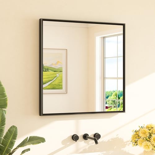 TETOTE Black Framed Mirror for Bathroom Vanity 30" x 30" Matte Black Rectangle Beveled Frame Wall Mirror for Over Sink, Tempered Glass, Modern Farmhouse Bedroom, Entryway, Living Room