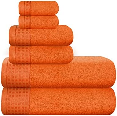GLAMBURG 100% Cotton Ultra Soft 6 Pack Towel Set, Contains 2 Bath Towels 28x55 Inches, 2 Hand Towels 16x24 Inches & 2 Wash Coths 12x12 Inches, Compact Absorbent Lightweight & Quickdry - Orange