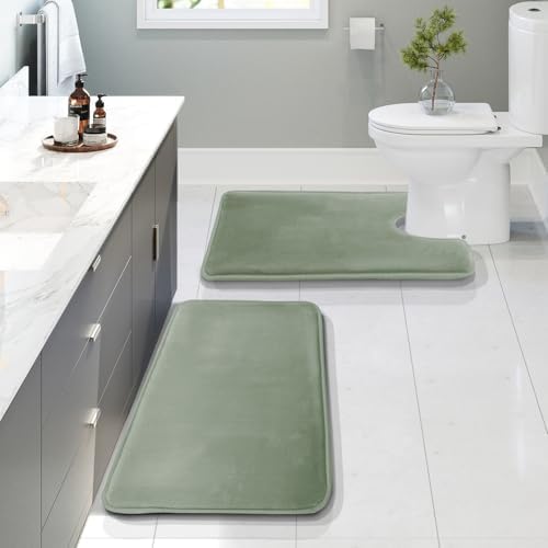 Clara Clark 2 Piece Bathroom Rugs, Velvet Memory Foam Bath Mat Set, Non-Slip Bath Rugs, Machine Wash, Dries Quickly, Ultra Soft Plush Bath Mats for Bathroom, 17 x 24 + Contour, Ice Green