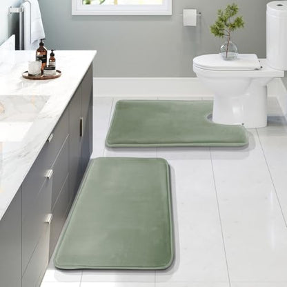 Clara Clark 2 Piece Bathroom Rugs, Velvet Memory Foam Bath Mat Set, Non-Slip Bath Rugs, Machine Wash, Dries Quickly, Ultra Soft Plush Bath Mats for Bathroom, 17 x 24 + Contour, Ice Green