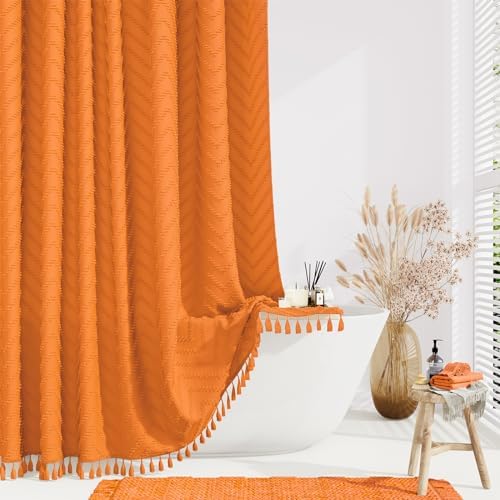 Dynamene Extra Long Boho Shower Curtain Tufted Chevron 72"x84" Burnt Orange