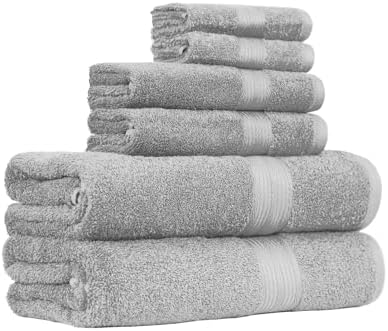 Amazon Basics 6-Piece Fade-Resistant 100% Cotton Towel Set for Bathroom, Soft and Absorbent, 2 Bath Towels, 2 Hand Towels, 2 Washcloths, Gray