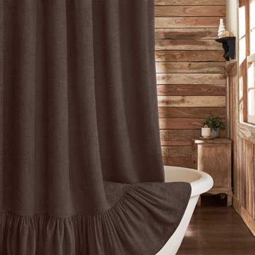 Farmhouse Shower Curtain Ruffle Linen Flax Brown 72" W x 72" L