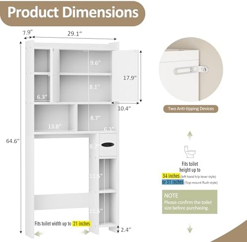 Over the Toilet Storage Cabinet, Freestanding Storage Cabinet Over Toilet, Bathroom Storages Organizer Cabinets with Toilet Paper Holder Stand and Adjustable Shelf, White