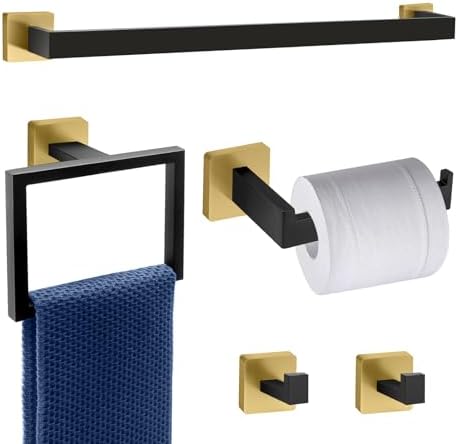 5 Piece Black and Gold Towel Bar Set - Gold and Black Bathroom Accessories with 2 Towel Hook, Stainless Steel Wall Mounted Bathroom Towel Rack Set - Square 16-Inch