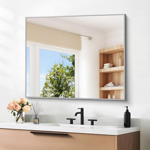DESBING 30" x 30"Bathroom Mirror, Silver Rectangle Corner Wall Mirror with Metal Frame, Decorative Rectangular Vanity Mirror for Bedroom Bathroom Living Room Entryway (Horizontal/Vertical)