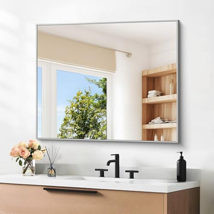 DESBING 30" x 30"Bathroom Mirror, Silver Rectangle Corner Wall Mirror with Metal Frame, Decorative Rectangular Vanity Mirror for Bedroom Bathroom Living Room Entryway (Horizontal/Vertical)