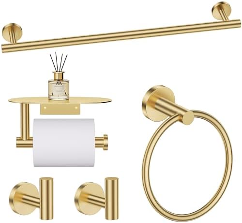 TURS Brushed Gold 5 Piece Bathroom Hardware Set, SUS304 Stainless Steel Bath Towel Bar Set, Bathroom Towel Rack Set Wall Mounted