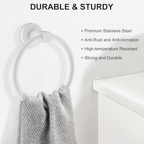 SetSail Towel Holder for Bathroom Wall Screw-in White Towel Ring Stainless Steel Heavy Duty Hand Towel Hanger for Bathrooms, Kitchen, 2 Packs