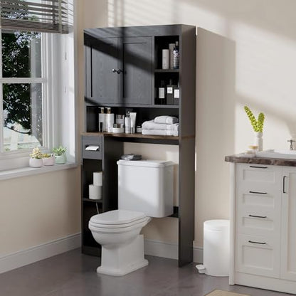 Over The Toilet Storage Cabinet with 7 Shelves, Imitation Walnut Grain Above Toilet Bathroom Organizer with Toilet Paper Holder Stand, Space Saver for Restroom, Laundry, Bathroom (Black)