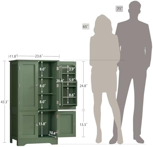 43”H Pantry Cabinet with 4 Doors, Kitchen Cabinet with 6 Door Shelves