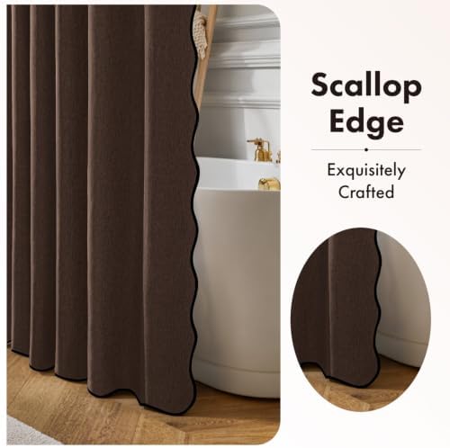 ANRODUO Brown Scalloped Linen Textured Shower Curtain, W72 x L108