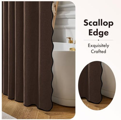 ANRODUO Brown Scalloped Linen Textured Shower Curtain, W72 x L108