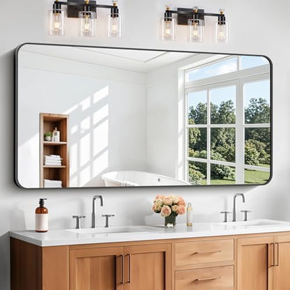 Bathroom Mirror, 60 x 30 inch Black Rectangle Wall Mirror, Metal Frame Rounded Corner Vanity Mirror, Large Wall Mounted Mirrors for Over Sink Bedroom Living Room Horizontal Or Vertical Mounting