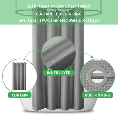 No Hook Waffle Shower Curtain, No Liner Needed Separate, 50x80 Inch, Grey