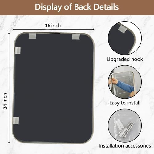 16x24 Inch Brushed Nickel Bathroom Mirror, Framed Rectangle Mirror with Rounded Corner, Brushed Mirror, Silver Bathroom Mirror for Over Sink, Vanity, Living Room, Bedroom, Horizontal/Vertical