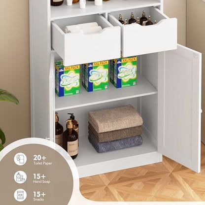 Walsunny Floor Storage Cabinet, Organizer with Doors and Drawers, Freestanding Side Cupboard Pantry with Adjustable Shelf for Bathroom/Living Room, White