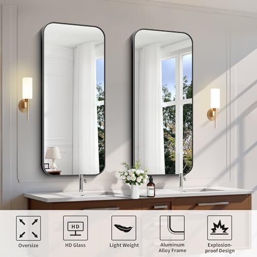 FORBATH Bathroom Mirror 20" x 48", Rectangle Black Bathroom Mirror with Black Aluminum Frame Rounded Corner, Wall Mounted Mirror for Bedroom Entryway Living Room