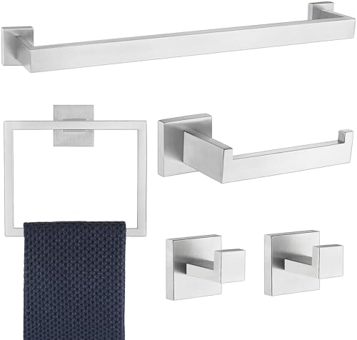 5 Piece Bathroom Hardware Accessories - Brushed Nickel, 24Inch Towel Racks, Stainless Steel Square Towel Bar Set, Wall Mounted