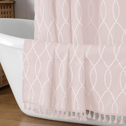 OVZME Pink Shower Curtain for Bathroom, Puff Printed Textured Shower Curtain with Tassels, Rustic Geometry Heavy Duty Vintage Country Bathroom Curtain, Water Resistant Fabric, 72Wx72L Inches