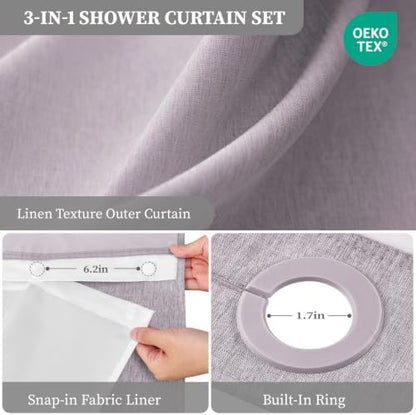 BTTN Lavender Ringless Linen Look Shower Curtain with Snap in Liner, 72x75