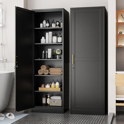 Tall Metal Narrow Bathroom Storage Locker Cabinet 67" H, Black Kitchen Pantry Cabinets,File Cabinet Organizer with 5 Adjustable Shelves and Lockable Doors for Kitchen Home Office Living Dining Room