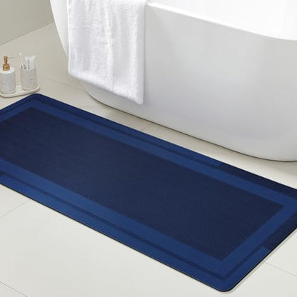 ACCUMTEK Non Slip Bath Mat, Thin Bathroom Rugs Fit Under Door, Quick Dry Bath Mats, Machine Washable Bath Rugs for Bathroom, Bathtub & Kitchen, Bathtub, Dark Blue/Bordered/59 x20