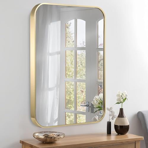 16x24 Inch Gold Bathroom Mirror, Brushed Brass Gold Metal Framed Rectangular Mirror with Rounded Corner, Wall Mounted Vanity Mirror for Bedroom or Living Room, Horizontal/Vertical