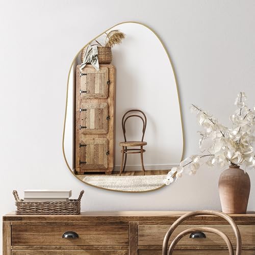 PERFNIQUE Irregular Asymmetrical Wall Mirror, 27''x19'' Gold Bathroom Mirror